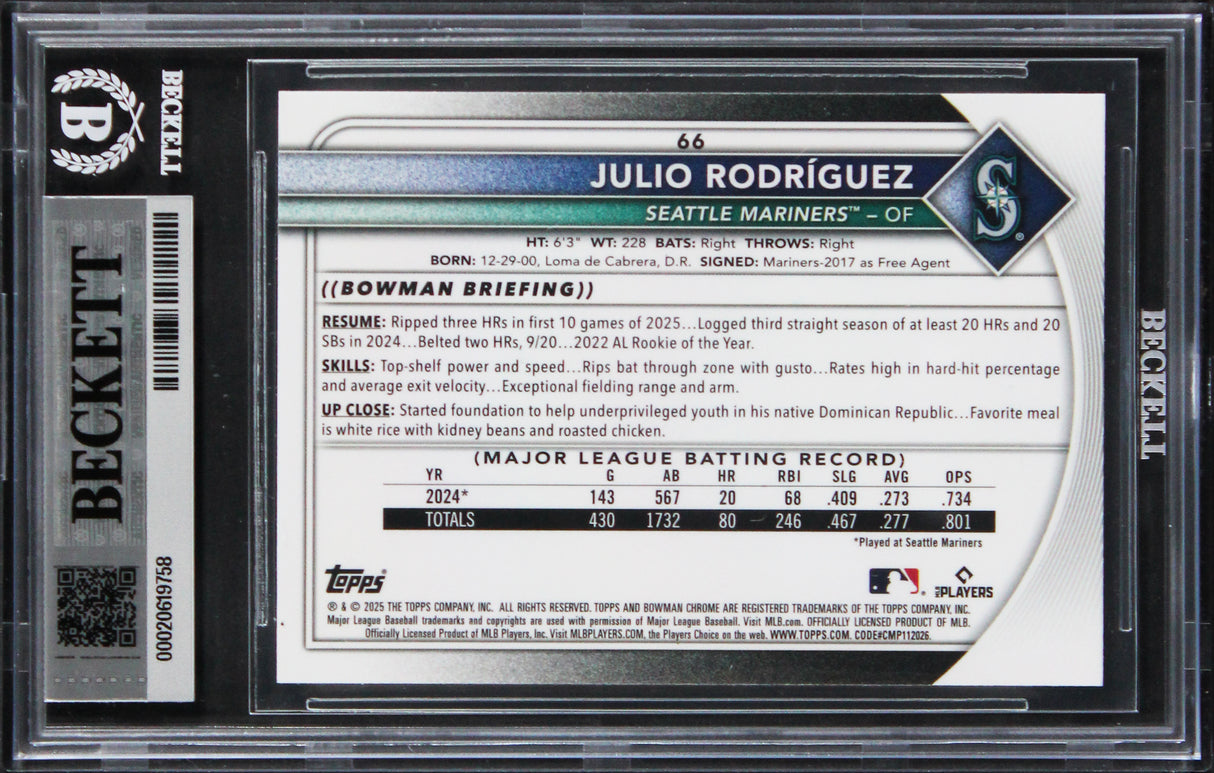 Mariners Julio Rodriguez Signed 2025 Bowman Chrome #66 Card Auto 10! BAS Slabbed