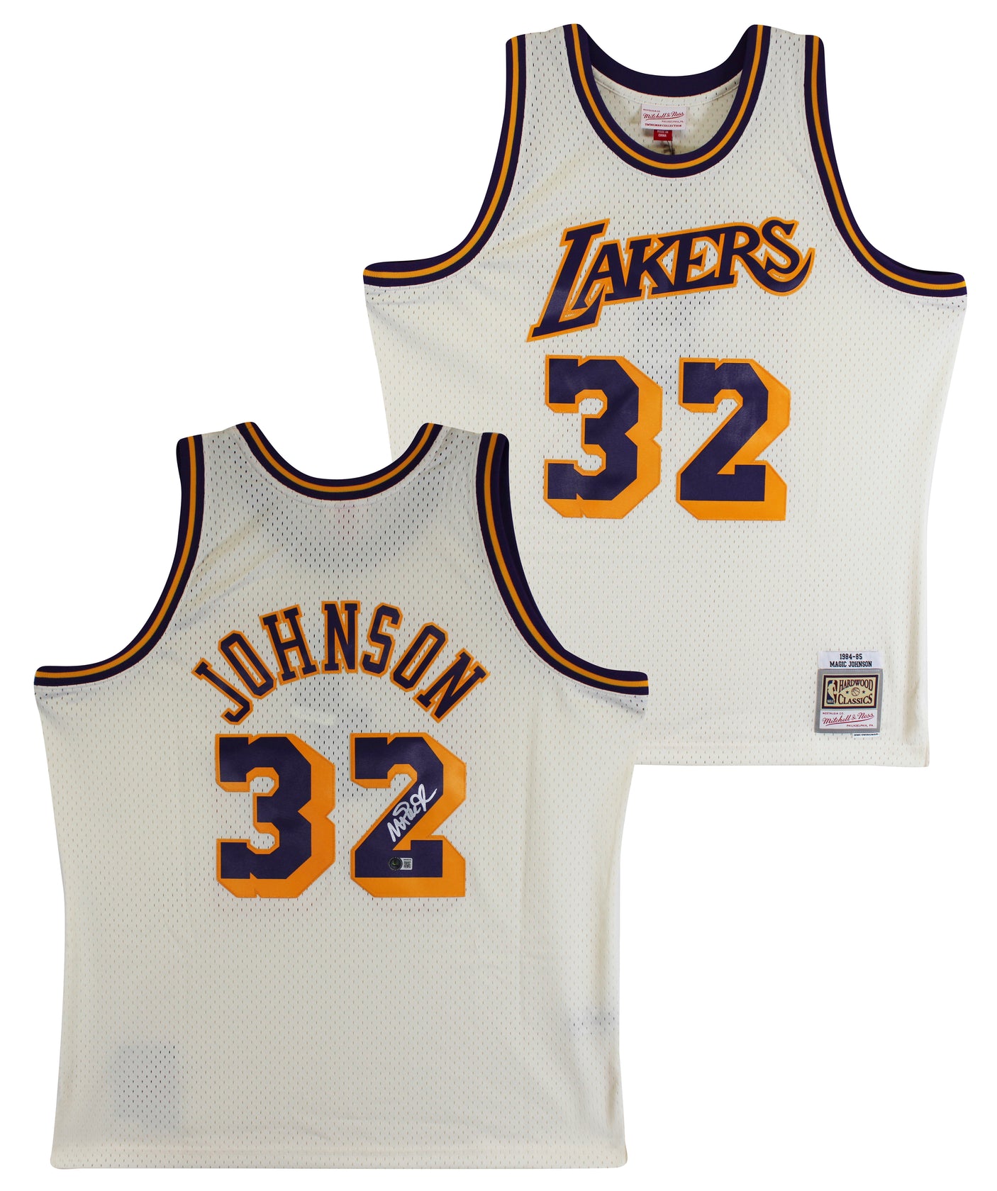 Lakers Magic Johnson Signed Cream 1984-85 M&N HWC Swingman Jersey BAS Witnessed