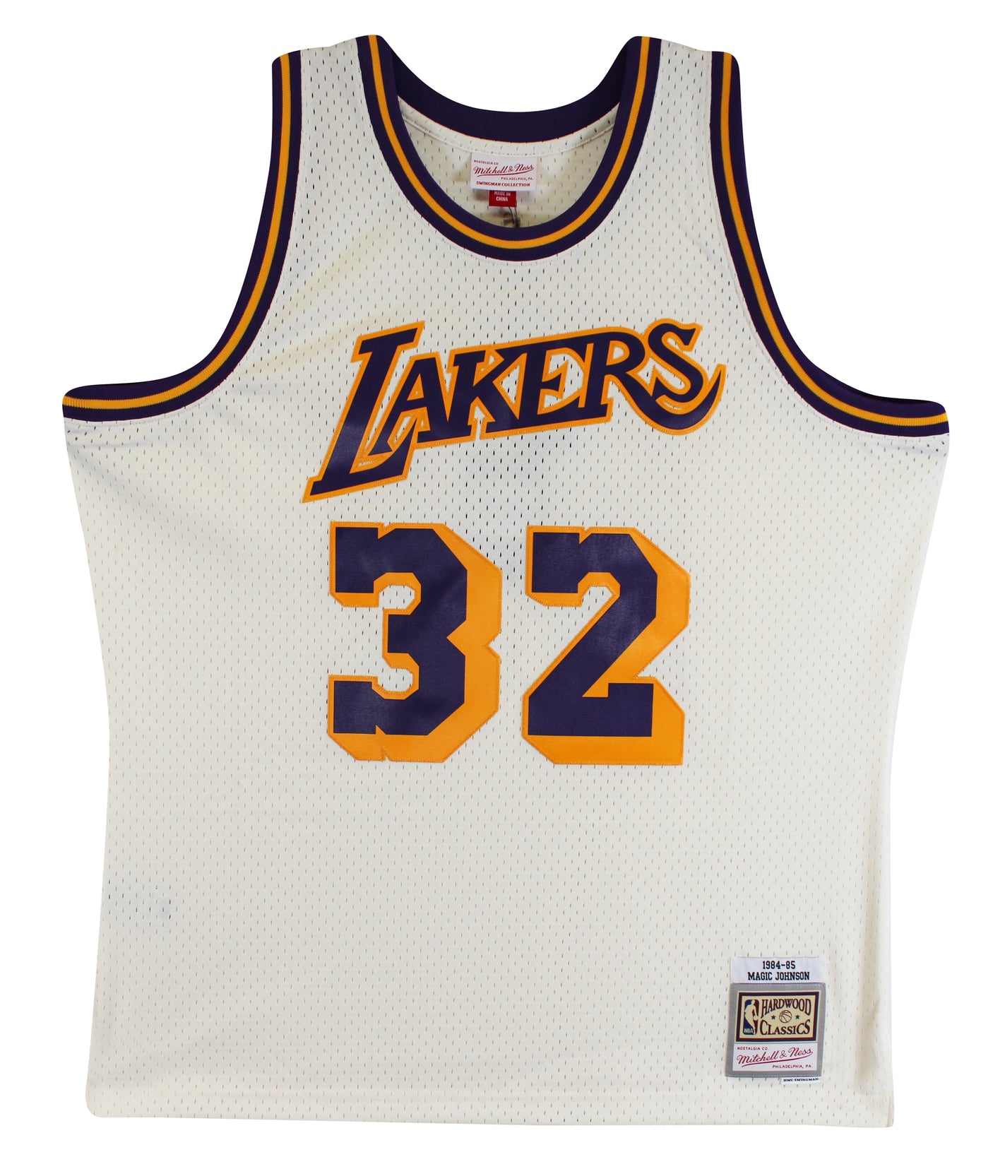 Lakers Magic Johnson Signed Cream 1984-85 M&N HWC Swingman Jersey BAS Witnessed
