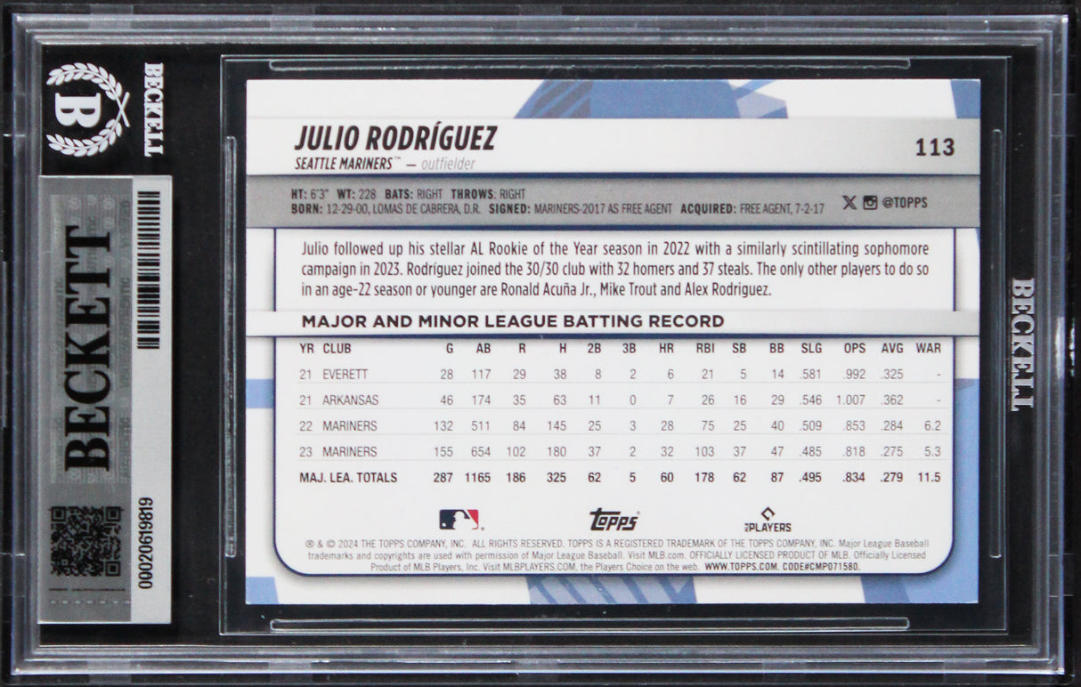 Mariners Julio Rodriguez Signed 2024 Topps Big League #113 Card Auto 10 BAS Slab