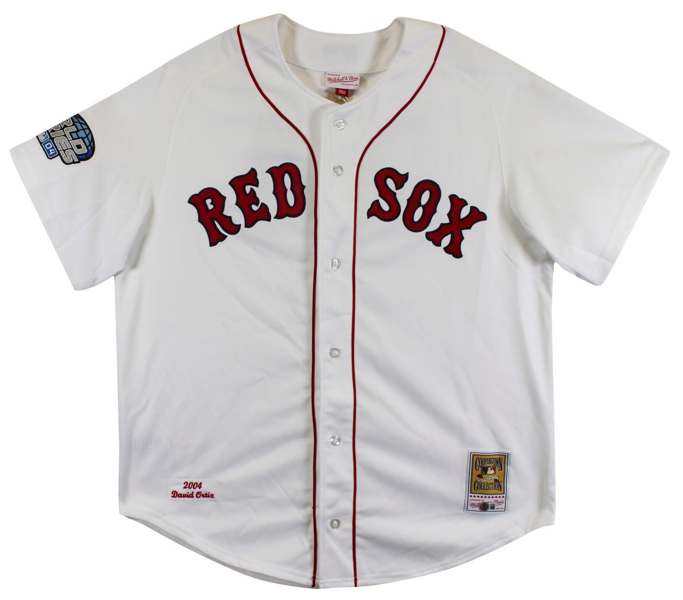 Red Sox David Ortiz Signed White 2004 WS Logo M&N CC Jersey BAS Wit #2W964332
