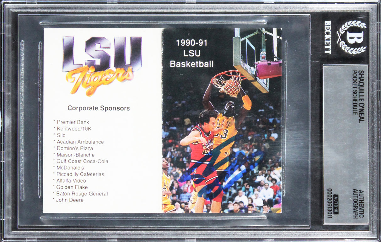 Shaquille O'Neal Signed 1990 LSU Basketball Pocket Schedule Auto 10! BAS Slabbed