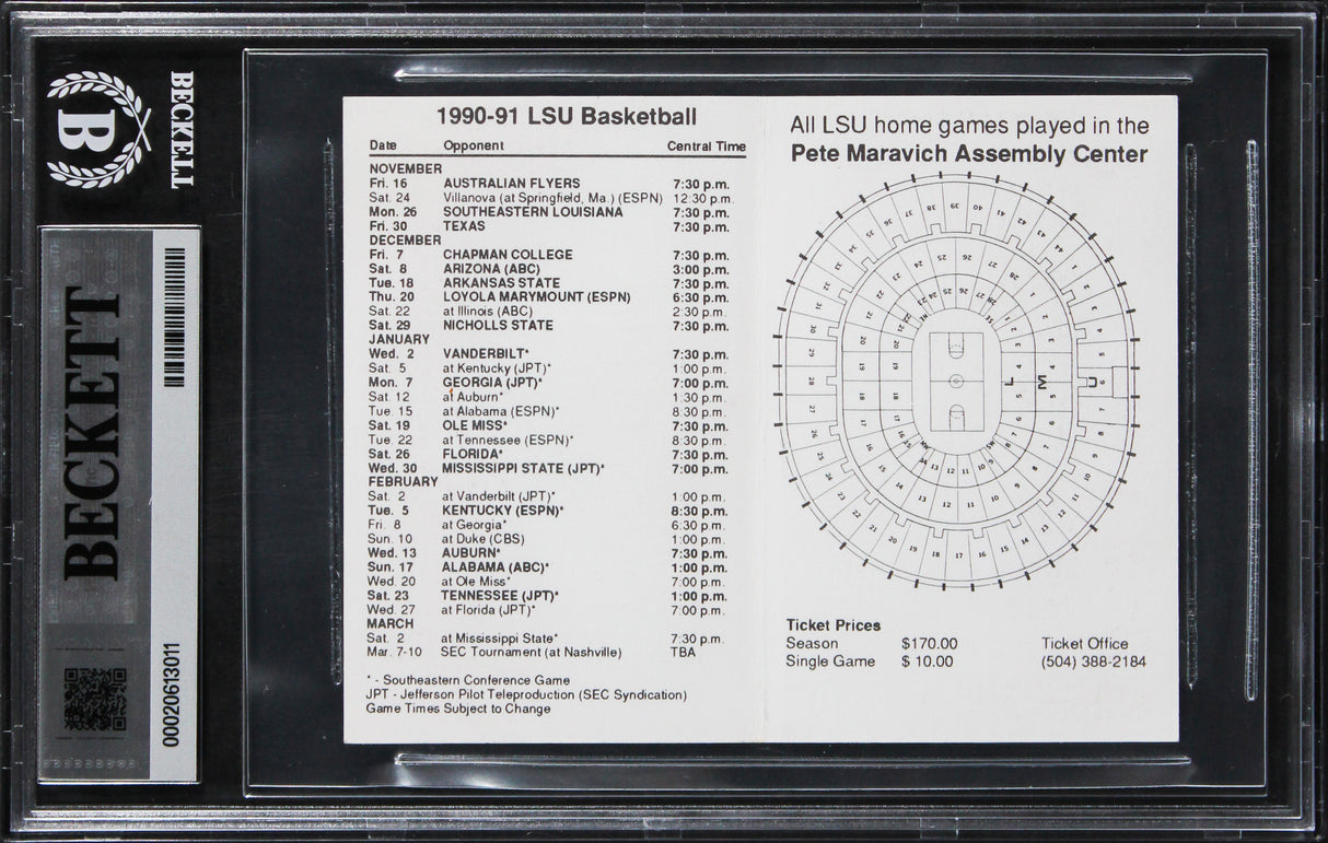 Shaquille O'Neal Signed 1990 LSU Basketball Pocket Schedule Auto 10! BAS Slabbed