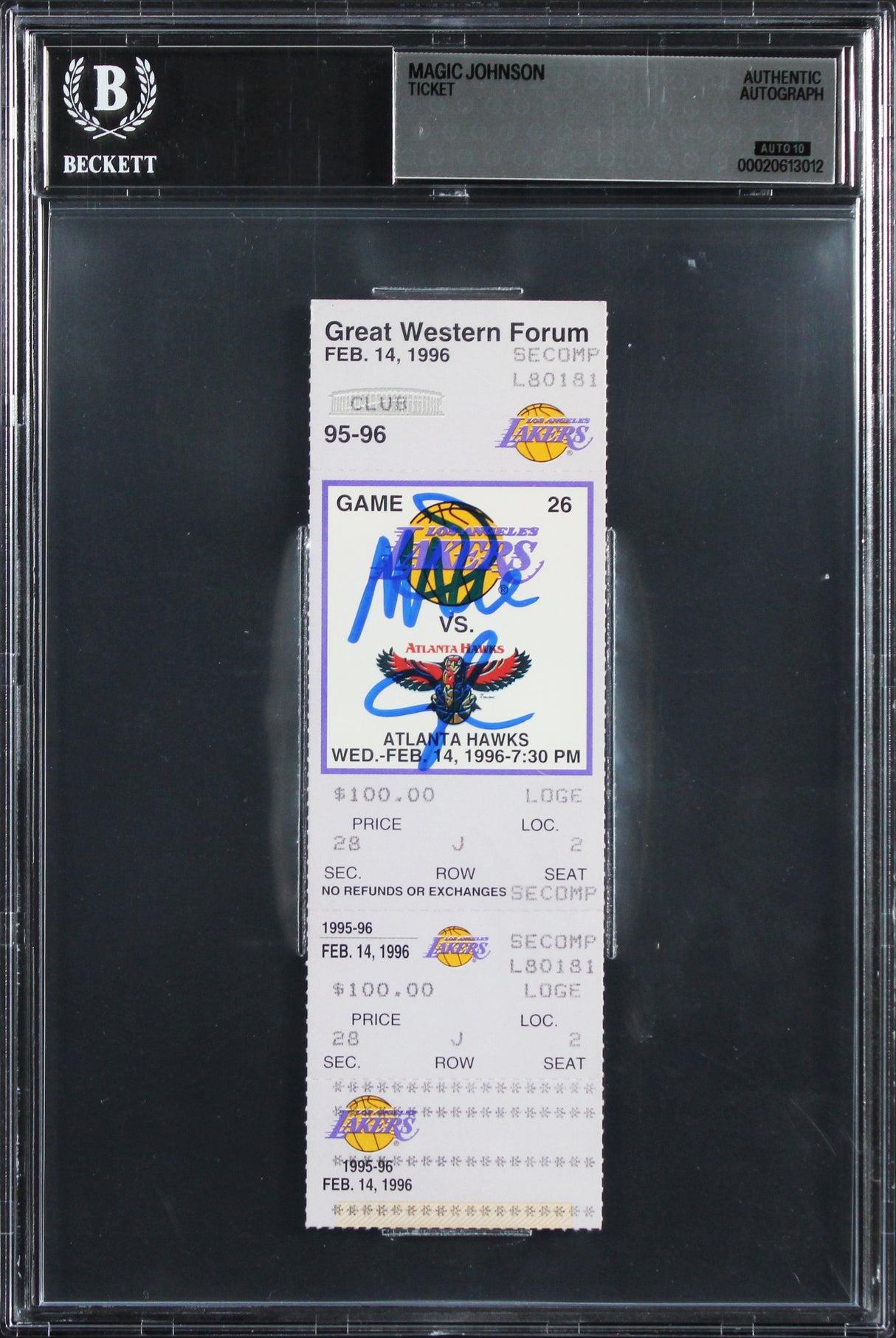 Magic Johnson Signed 1996 Lakers VS Hawks Ticket Stub Card Auto 10! BAS Slabbed