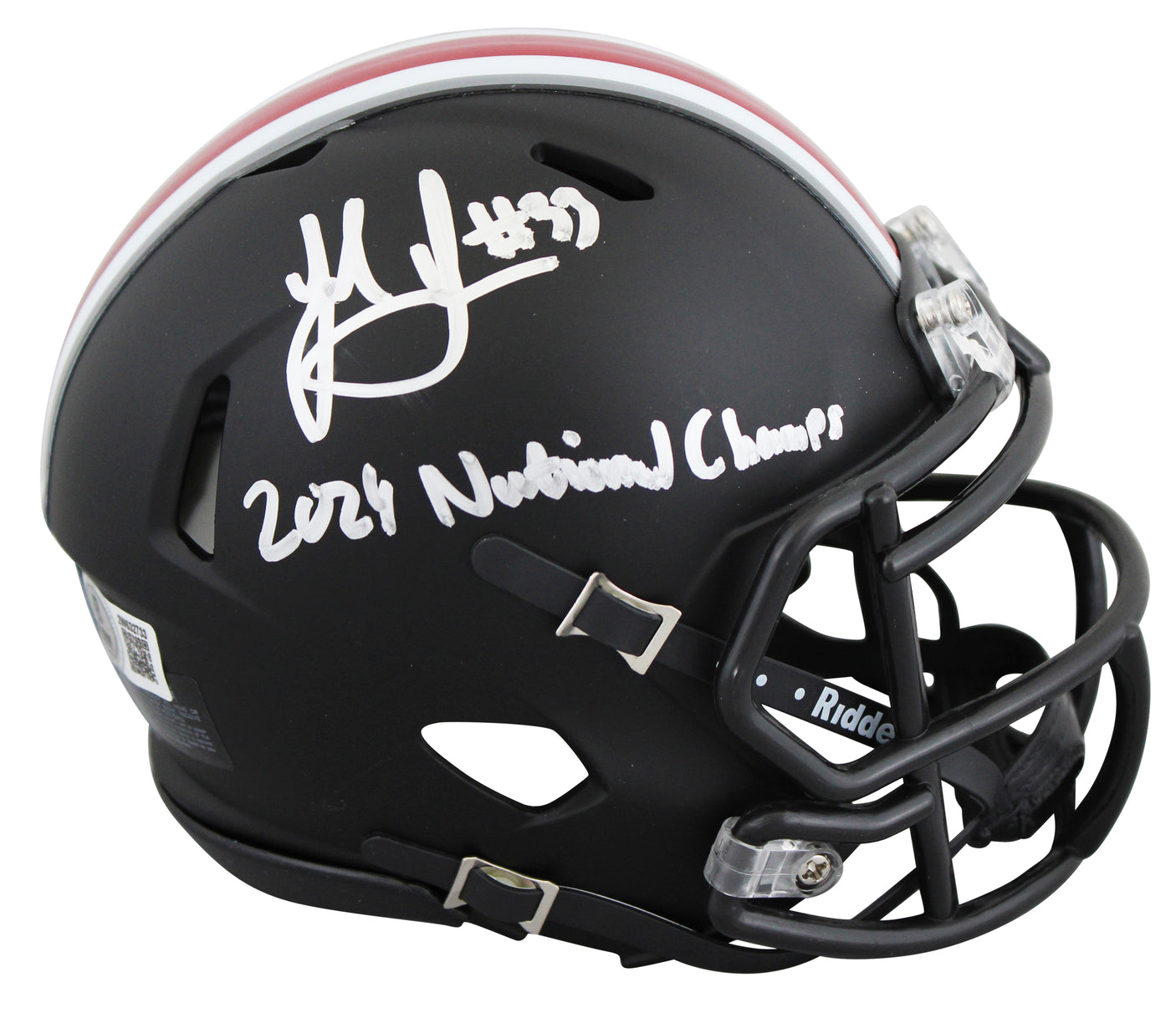 OSU Jack Sawyer "2024 Nat'l Champs" Signed Black Speed Mini Helmet W/ Case BAS W