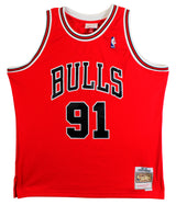 Bulls Dennis Rodman Signed Red Mitchell & Ness HWC Swingman Jersey BAS Witnessed