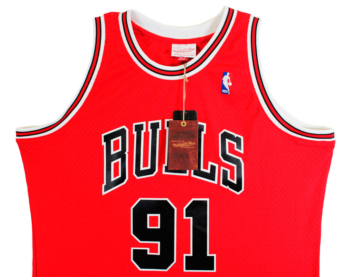 Bulls Dennis Rodman Signed Red Mitchell & Ness HWC Swingman Jersey BAS Witnessed