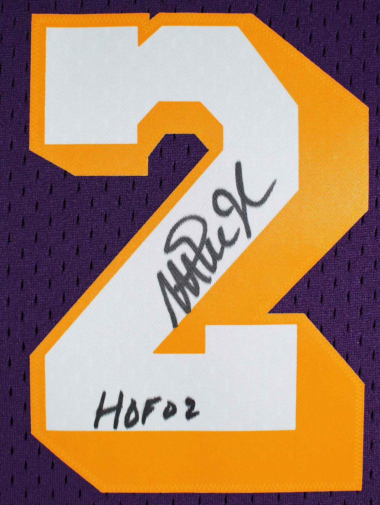 Lakers Magic Johnson "HOF 02" Signed Purple M&N HWC Swingman Framed Jersey BAS W