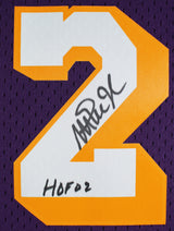 Lakers Magic Johnson "HOF 02" Signed Purple M&N HWC Swingman Framed Jersey BAS W