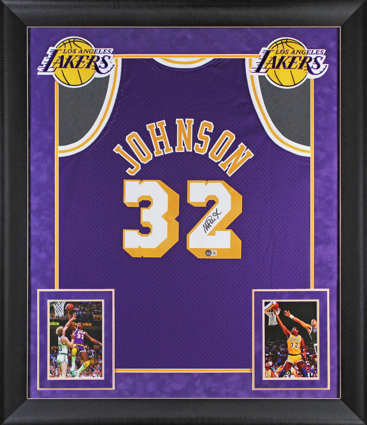 Lakers Magic Johnson Signed 1984-85 M&N HWC Swingman Purple Framed Jersey BAS W