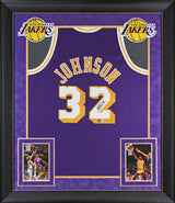 Lakers Magic Johnson Signed 1984-85 M&N HWC Swingman Purple Framed Jersey BAS W