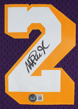 Lakers Magic Johnson Signed 1984-85 M&N HWC Swingman Purple Framed Jersey BAS W