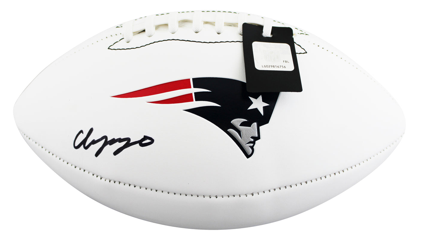 Patriots Christian Gonzalez Signed White Panel Logo Football W/ Case BAS Wit 2