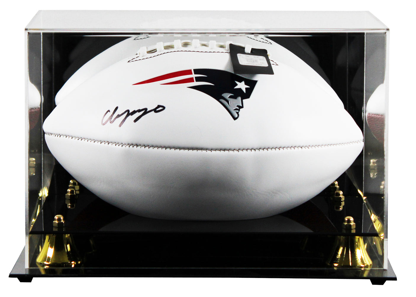 Patriots Christian Gonzalez Signed White Panel Logo Football W/ Case BAS Wit 2