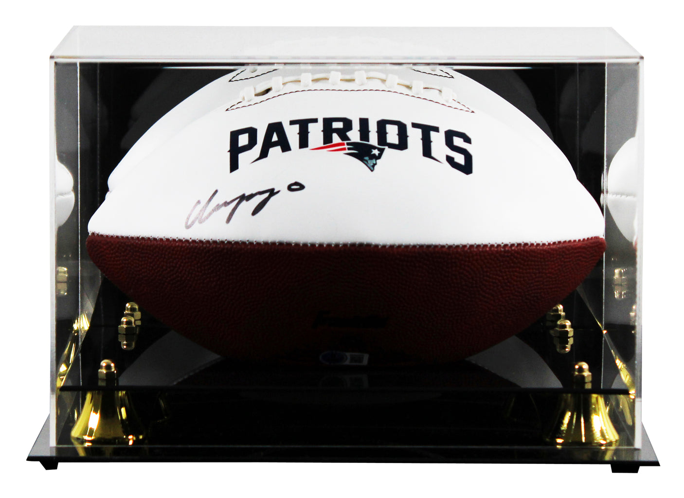 Patriots Christian Gonzalez Signed White Panel Logo Football W/ Case BAS Wit 1