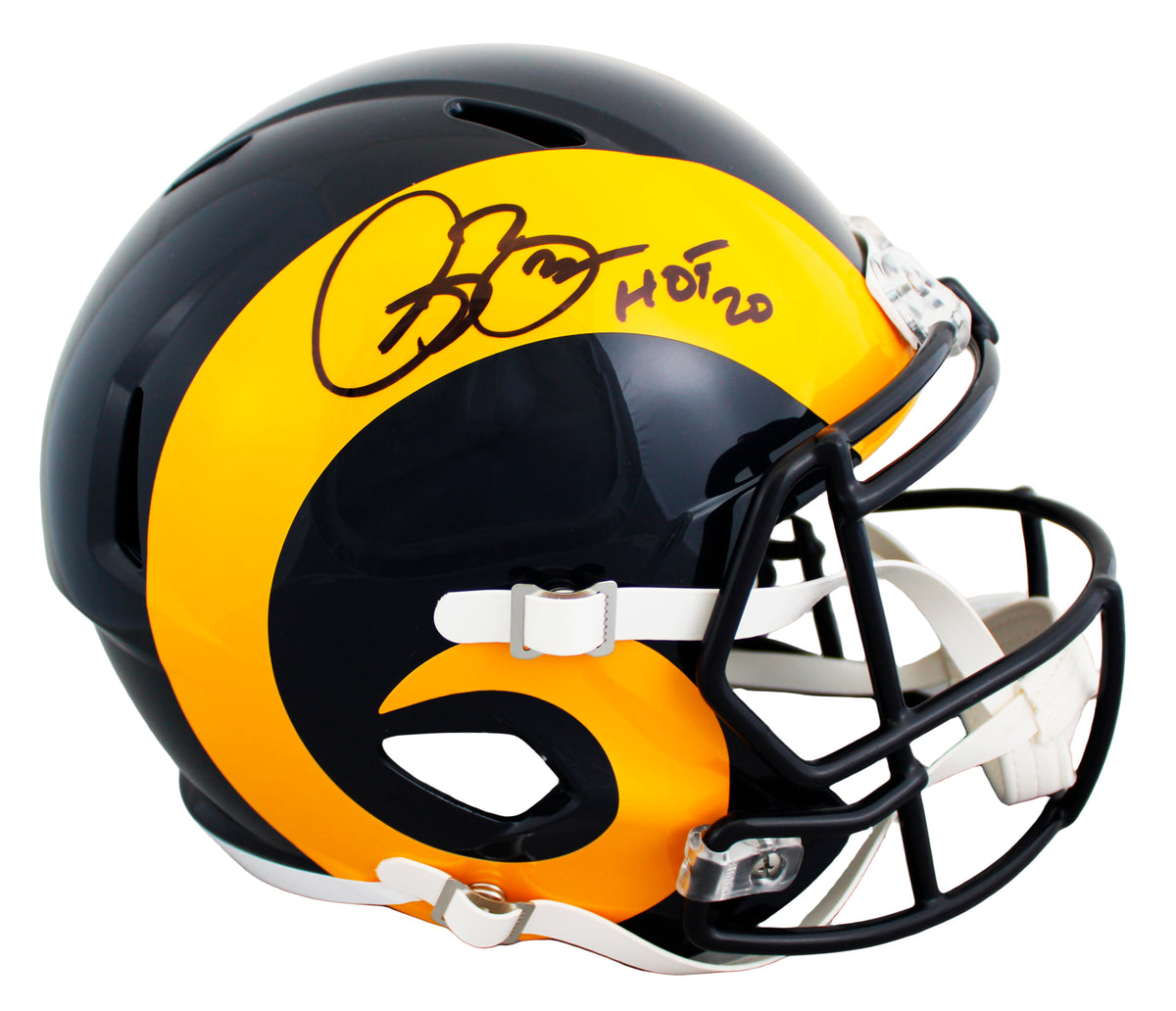 Rams Isaac Bruce "HOF 20" Signed 1981-99 TB F/S Speed Rep Helmet W/ Case BAS Wit