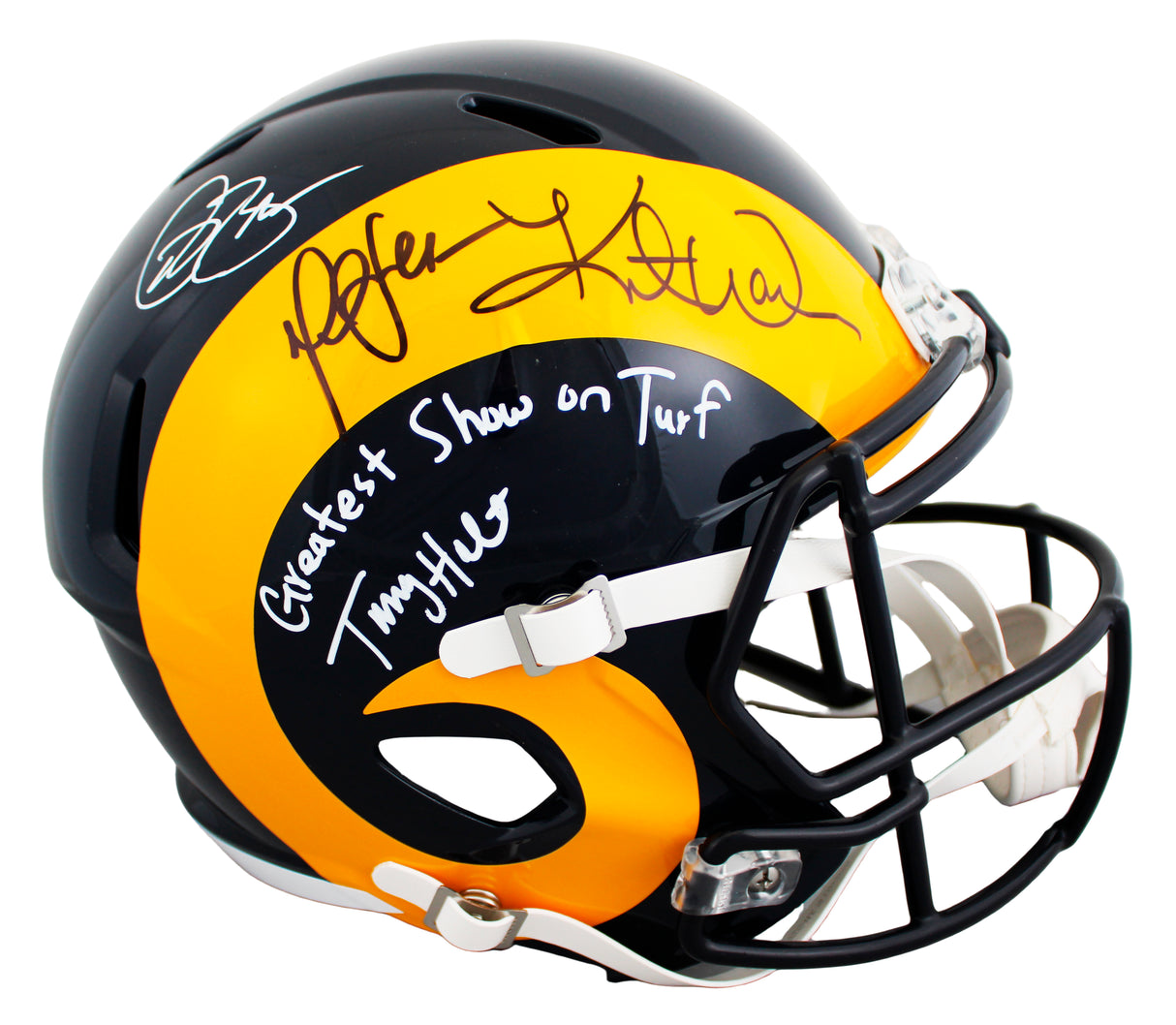 Rams (4) Bruce, Warner, Faulk & Holt Signed 81-99 TB F/S Speed Rep Helmet BAS W