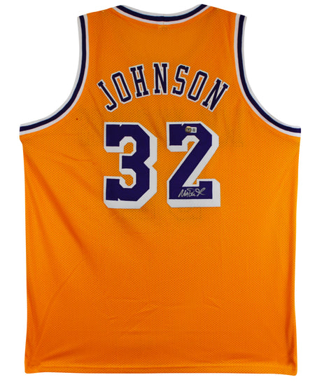 Magic Johnson Authentic Signed Yellow Pro Style Jersey BAS Witnessed #W491245