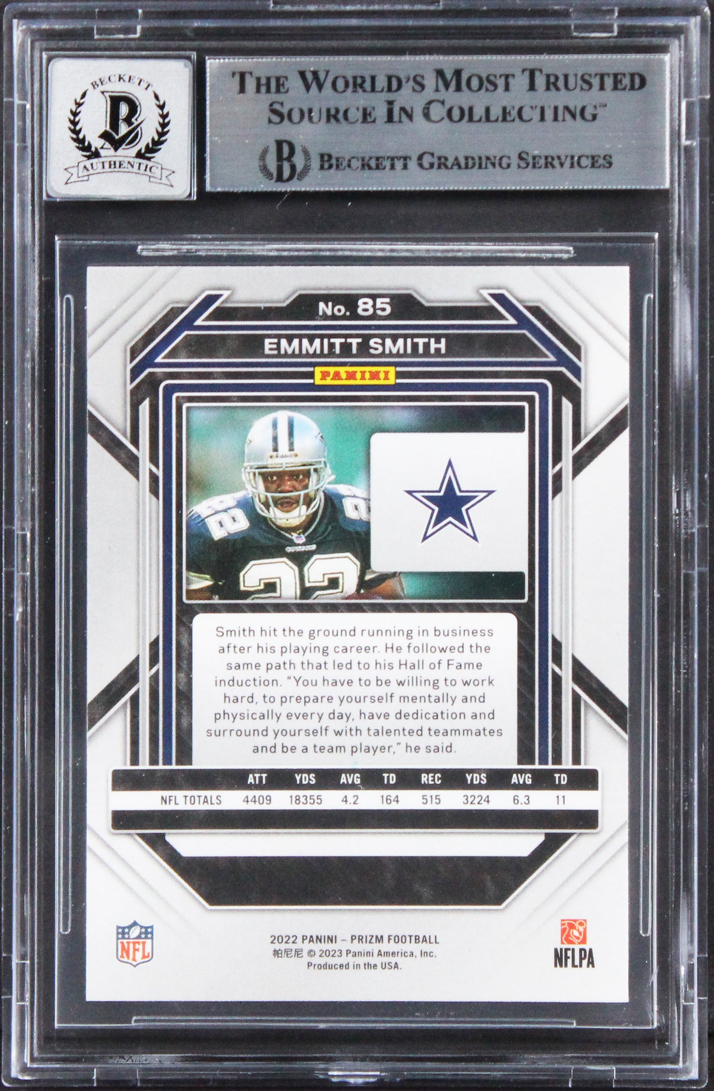 Cowboys Emmitt Smith Signed 2022 Panini Prizm #85 Card Auto 10! BAS Slabbed