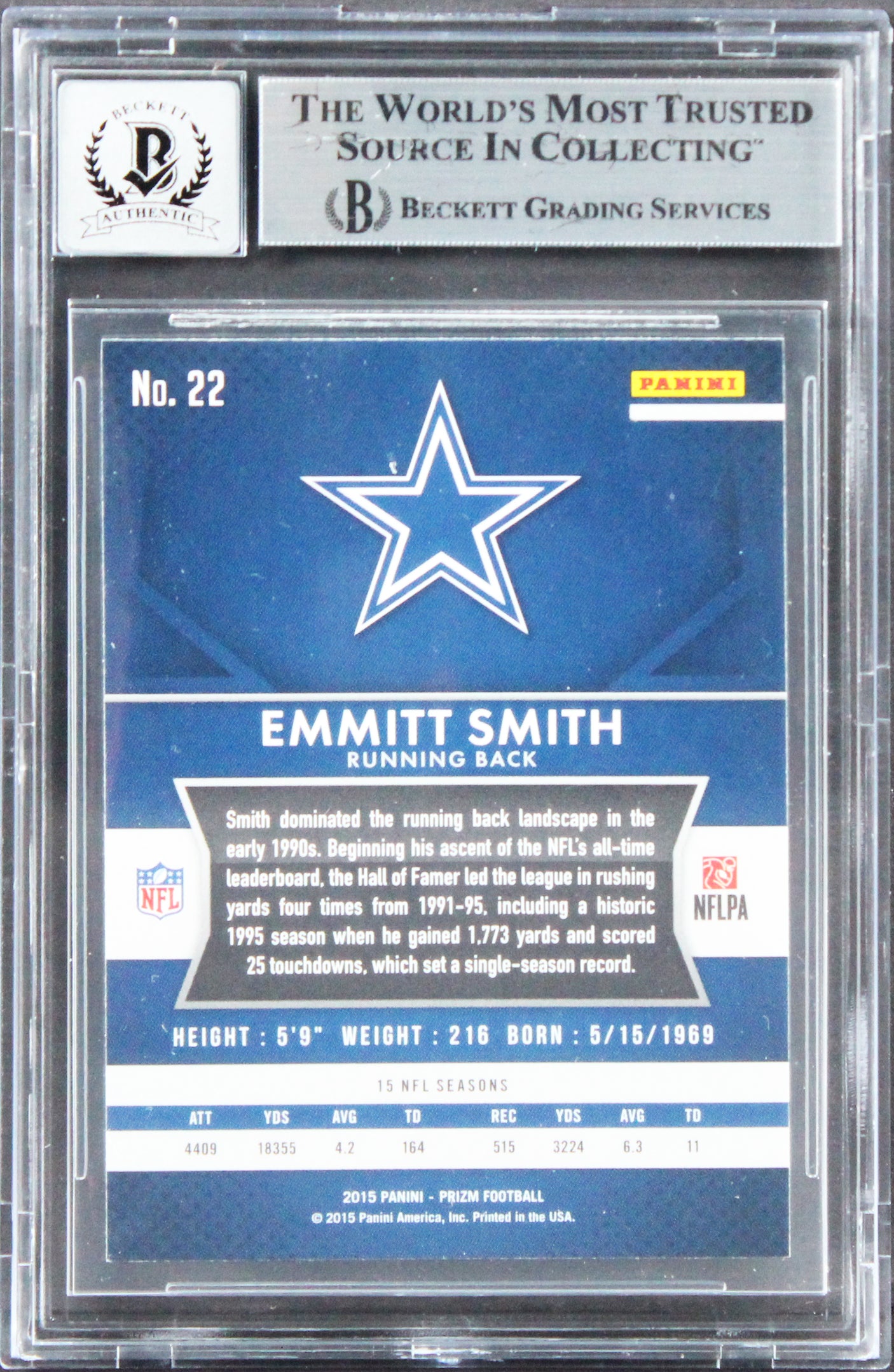 Cowboys Emmitt Smith Signed 2015 Panini Prizm #22 Card Auto 10! BAS Slabbed