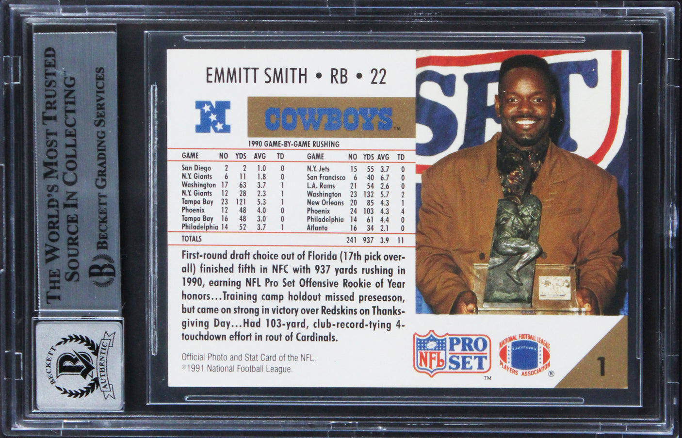 Cowboys Emmitt Smith Authentic Signed 1991 Pro Set #1O Card Auto 10! BAS Slabbed