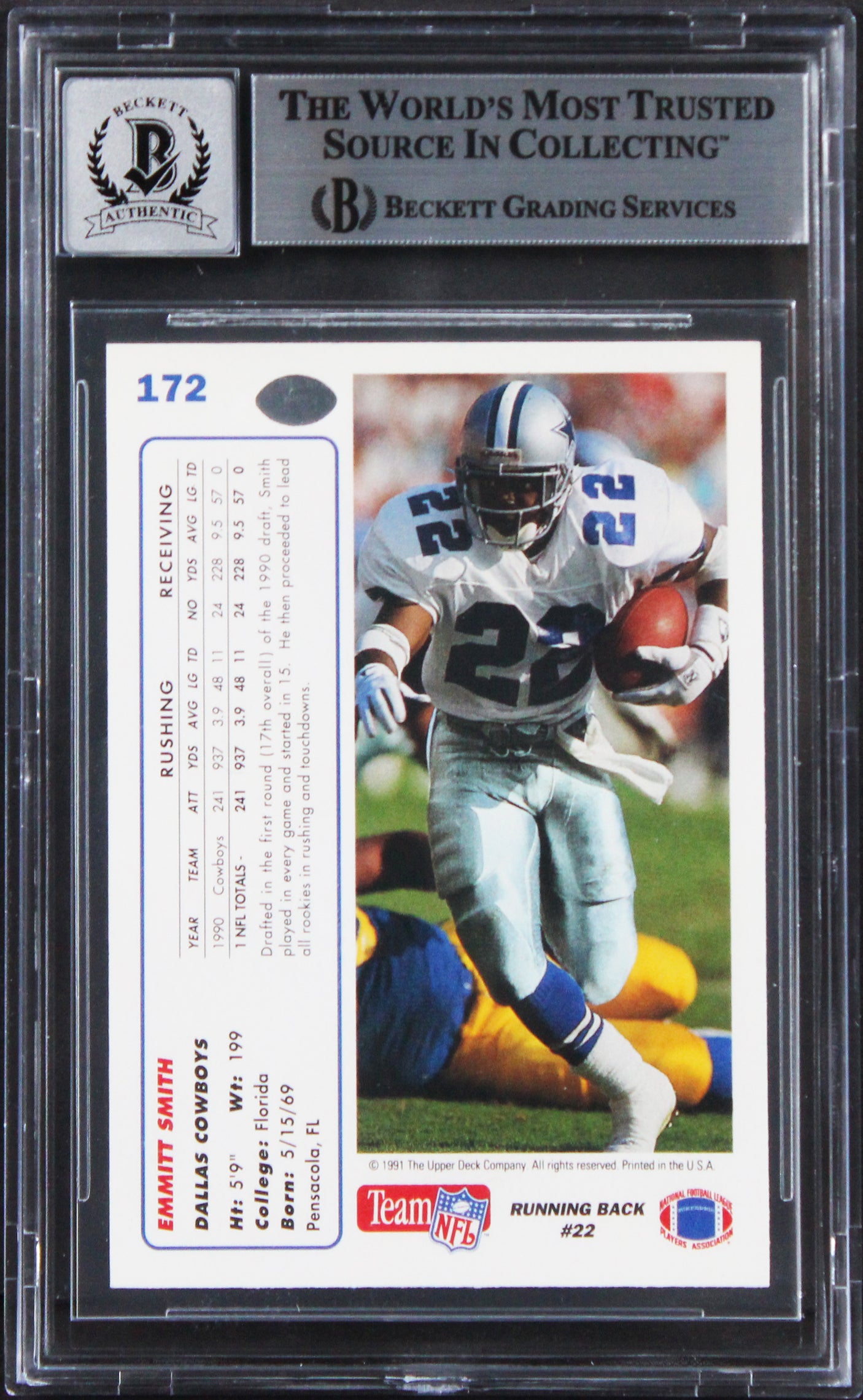 Cowboys Emmitt Smith Signed 1991 Upper Deck #172 Card Auto 10! BAS Slabbed