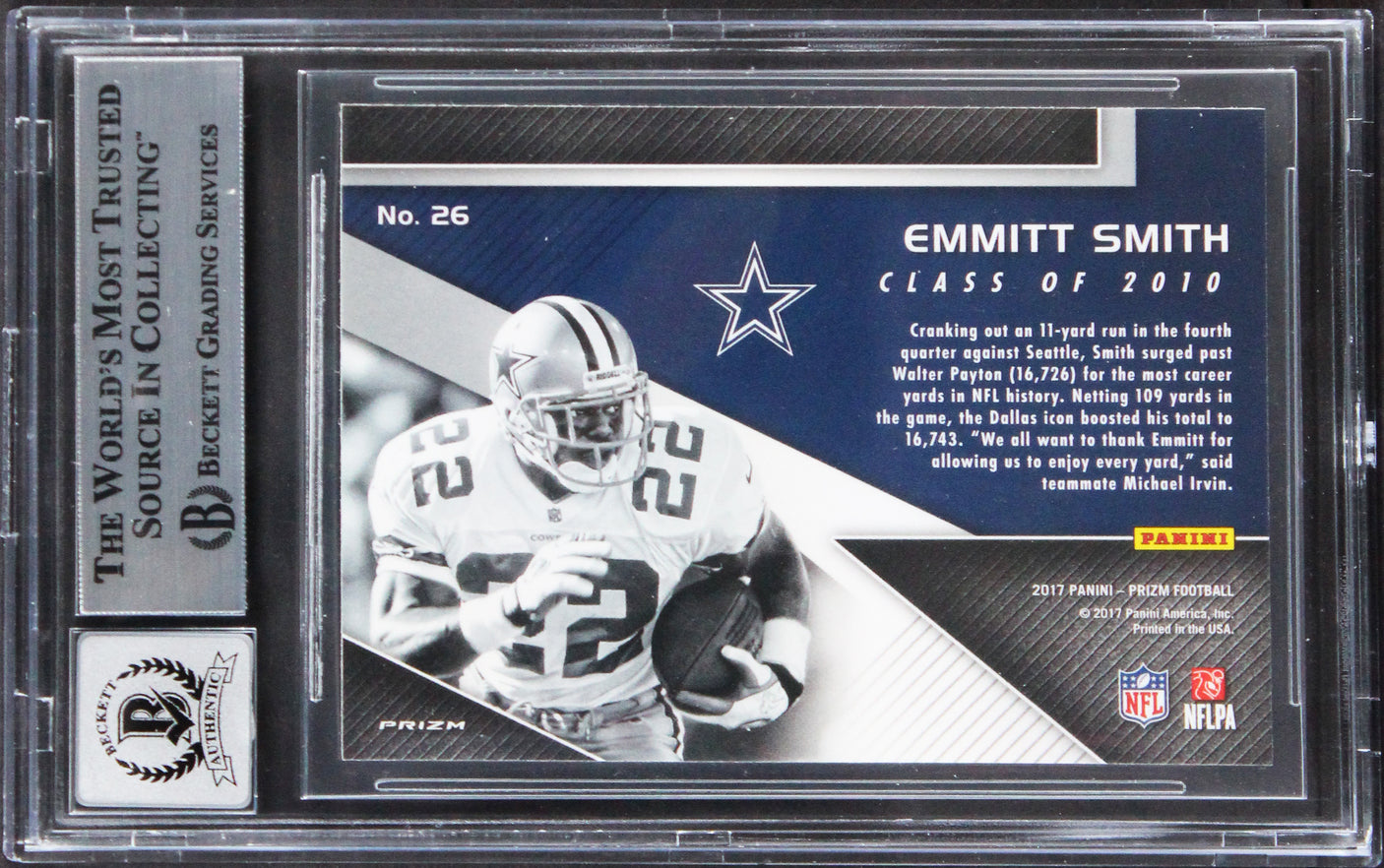 Cowboys Emmitt Smith Signed 2017 Panini Prizm HOF #26 Card Auto 10! BAS Slabbed