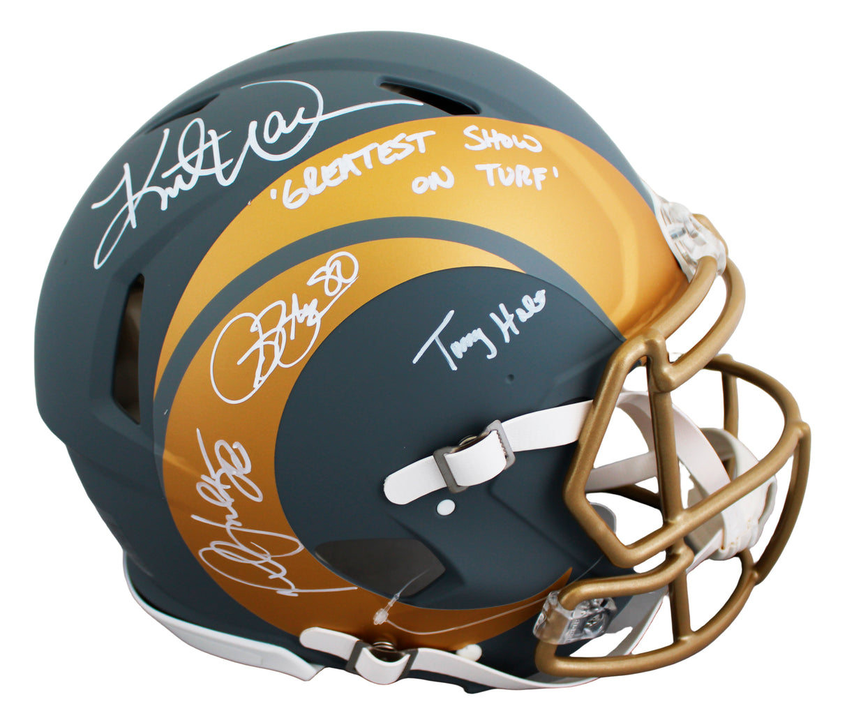 Rams (4) Bruce, Warner, Faulk +1 Signed Slate F/S Speed Proline Helmet BAS Wit