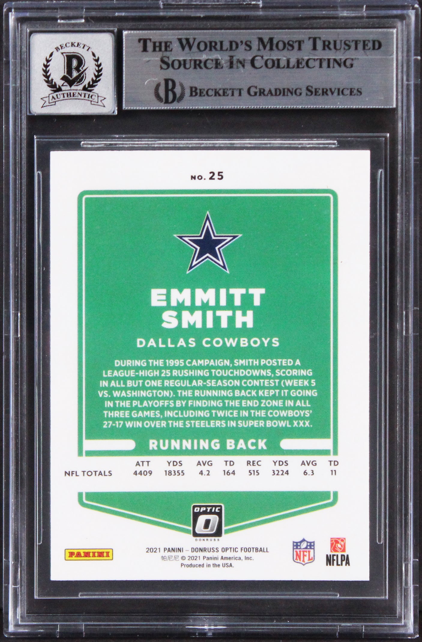 Cowboys Emmitt Smith Signed 2021 Donruss Optic #25 Card Auto 10! BAS Slabbed