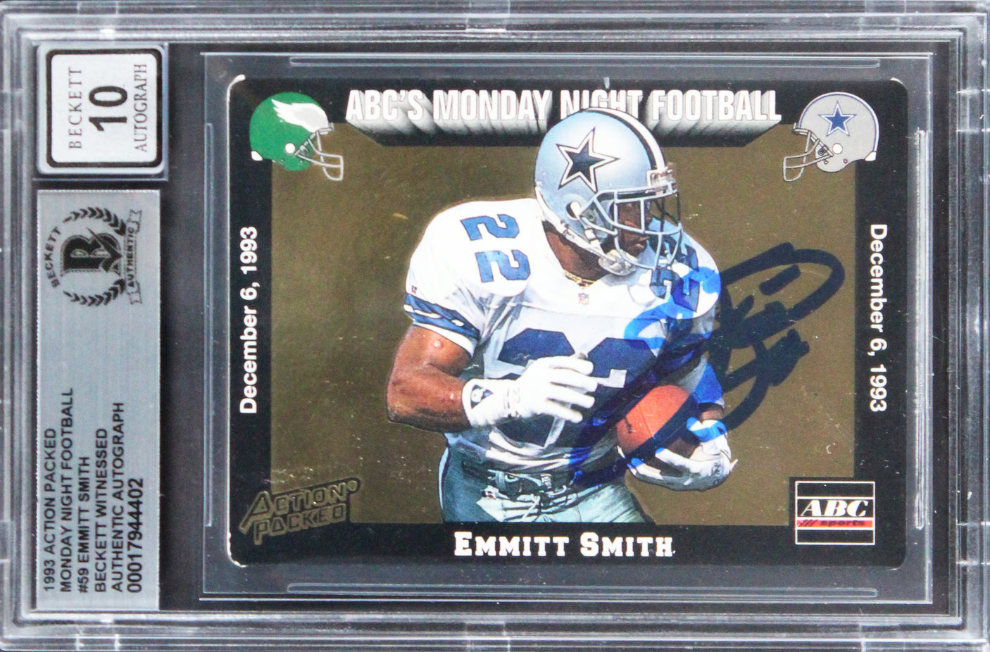 Cowboys Emmitt Smith Signed 1993 Action Packed MNF #59 Card Auto 10! BAS Slabbed
