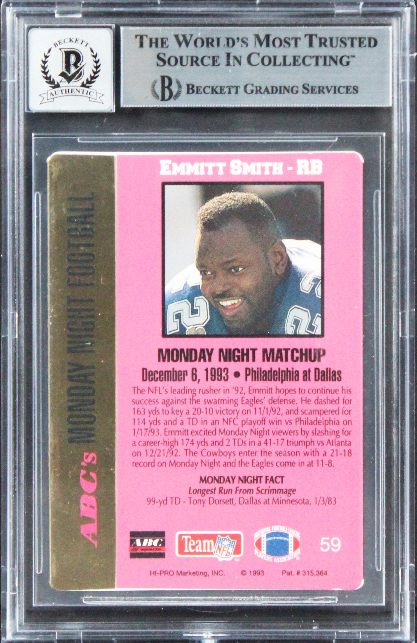 Cowboys Emmitt Smith Signed 1993 Action Packed MNF #59 Card Auto 10! BAS Slabbed