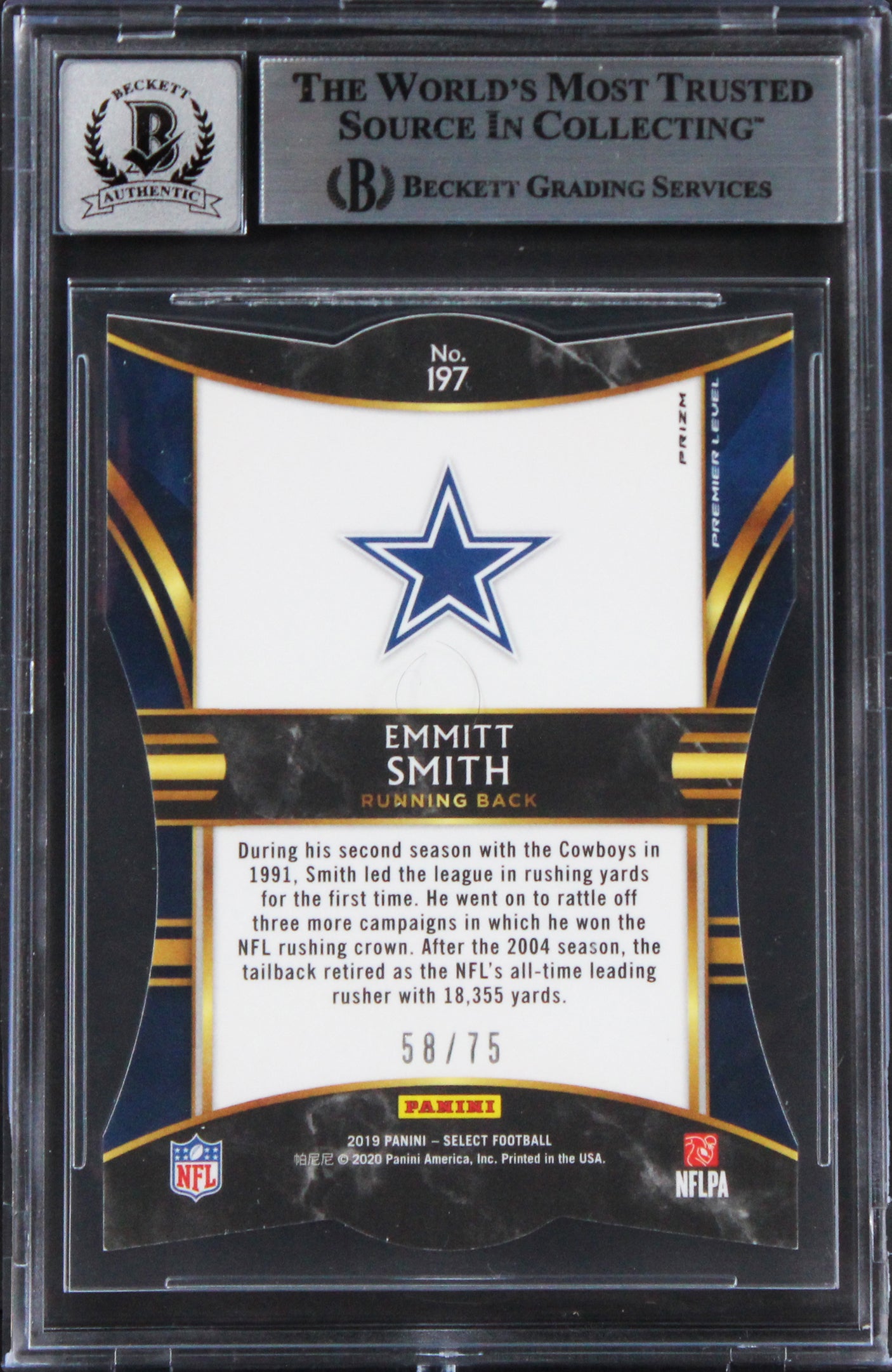 Cowboys Emmitt Smith Signed 2019 Select Prizm Purple #197 Card Auto 10! BAS Slab