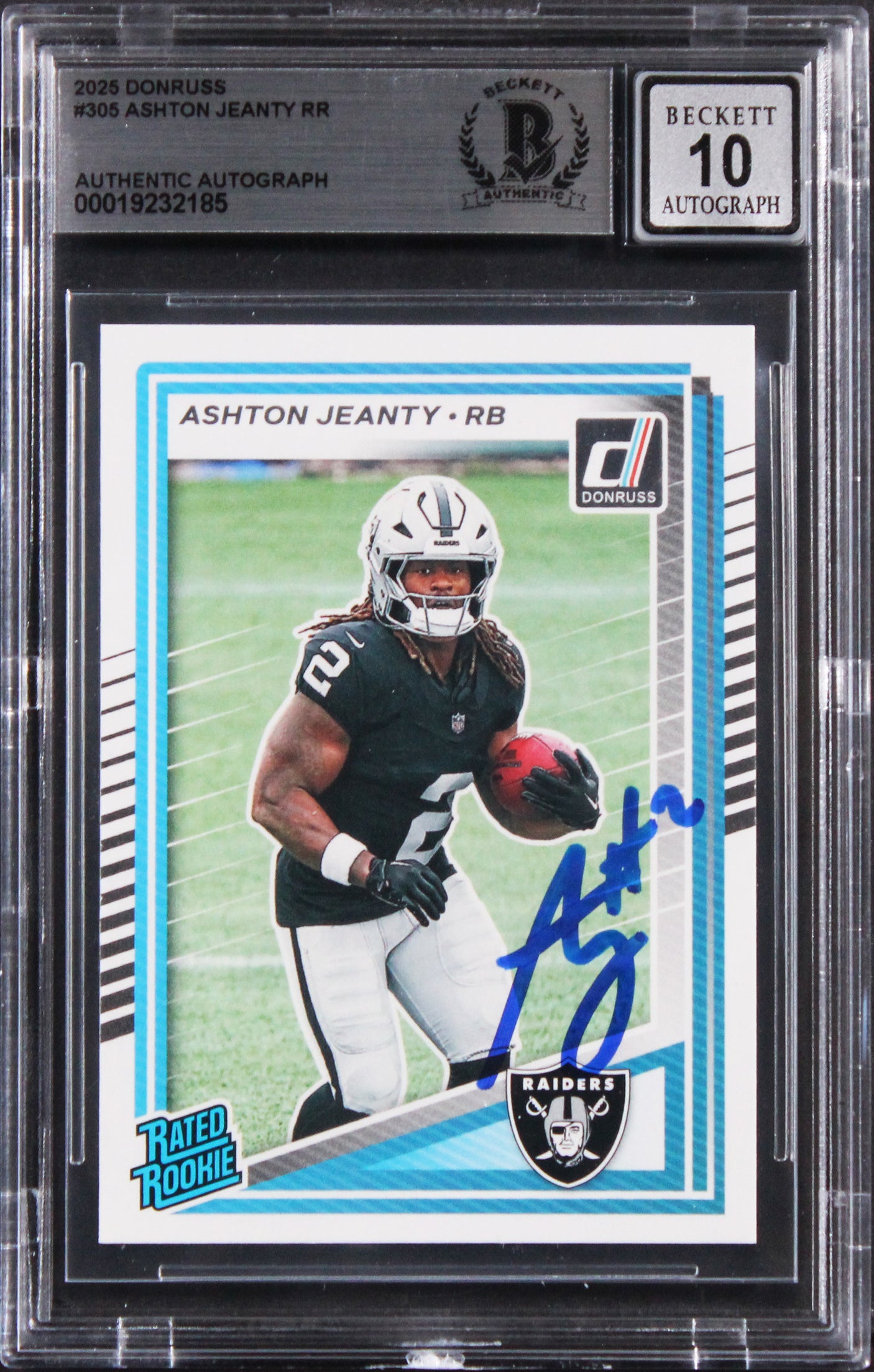 Raiders Ashton Jeanty Signed 2025 Donruss RR #305 Rookie Card Auto 10! BAS Slab