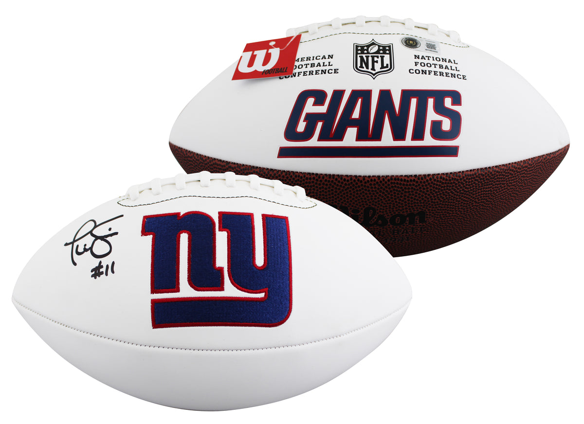 Giants Phil Simms Signed Wilson White Panel Logo Football BAS Witnessed