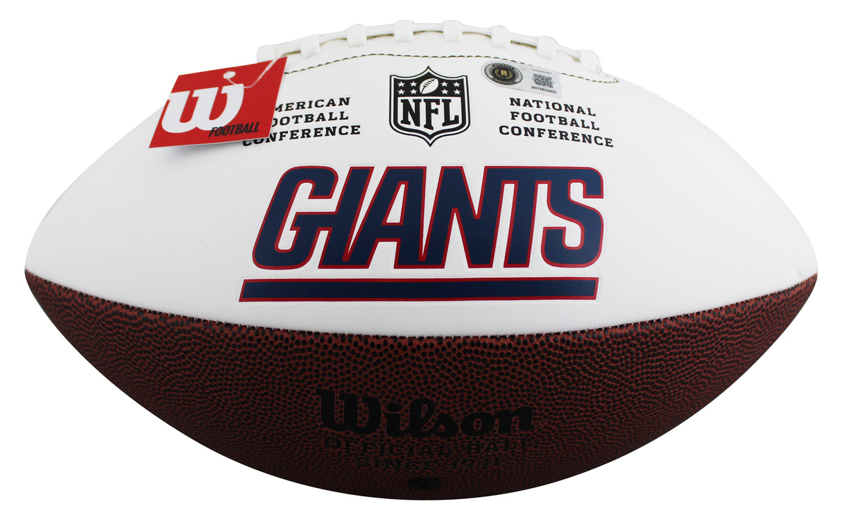 Giants Phil Simms Signed Wilson White Panel Logo Football BAS Witnessed