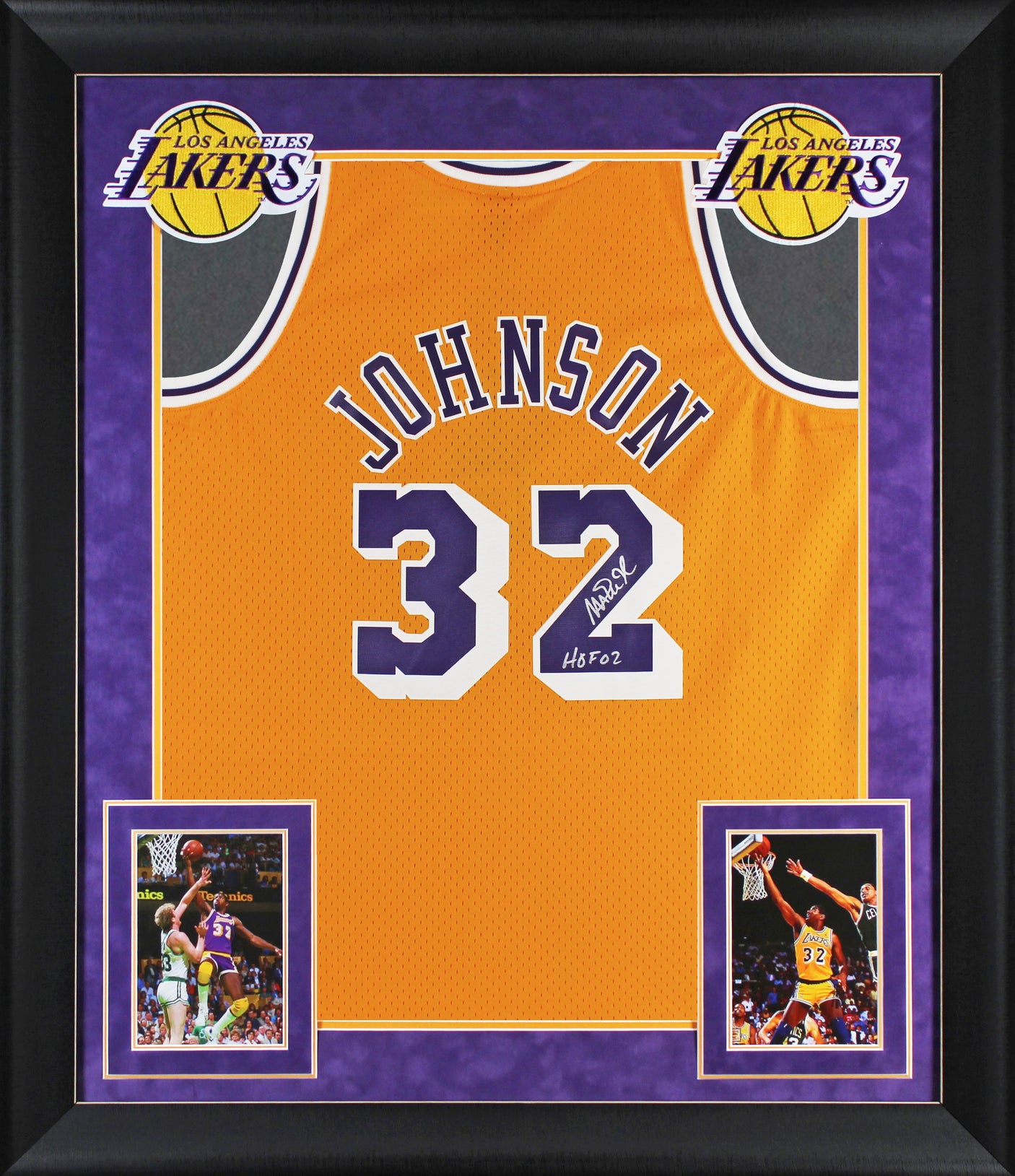 Lakers Magic Johnson "HOF 02" Signed Yellow M&N HWC Swingman Framed Jersey BAS W