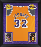 Lakers Magic Johnson "HOF 02" Signed Yellow M&N HWC Swingman Framed Jersey BAS W