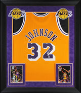 Lakers Magic Johnson Signed 1984-85 M&N HWC Swingman Yellow Framed Jersey BAS W