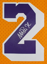 Lakers Magic Johnson Signed 1984-85 M&N HWC Swingman Yellow Framed Jersey BAS W