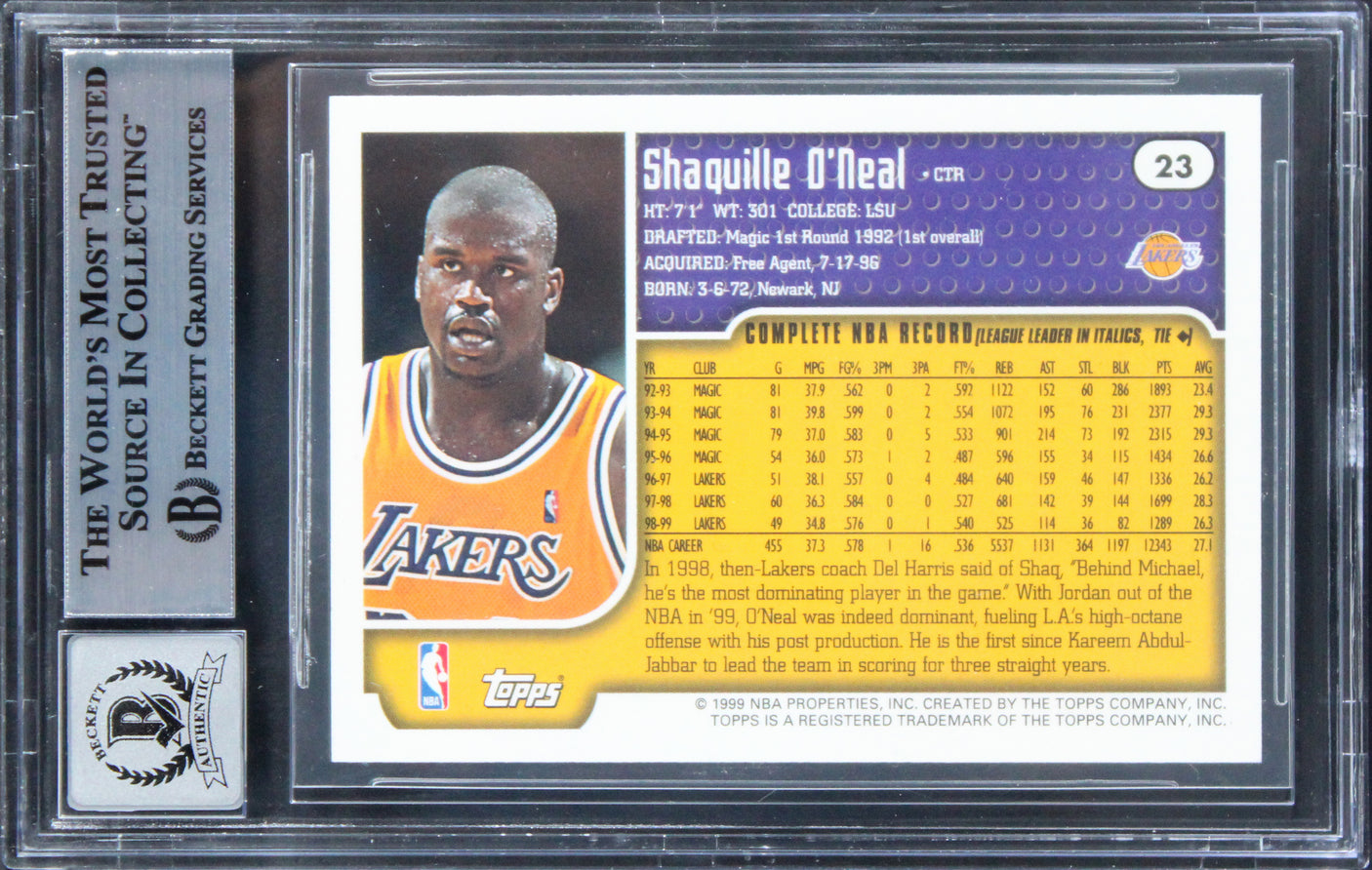 Lakers Shaquille O'Neal Signed 1999 Topps Tipoff #23 Card Auto 10! BAS Slabbed
