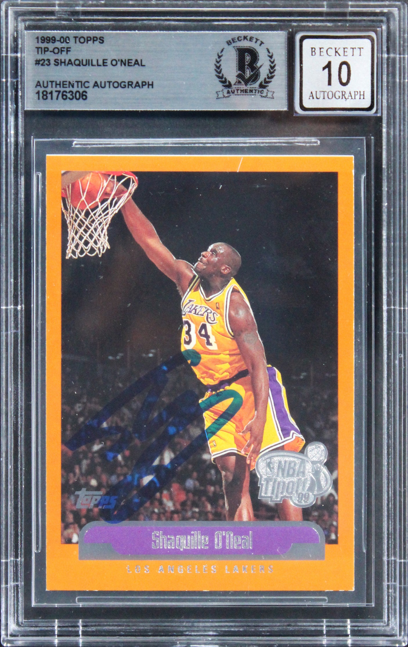 Lakers Shaquille O'Neal Signed 1999 Topps Tipoff #23 Card Auto 10! BAS Slabbed