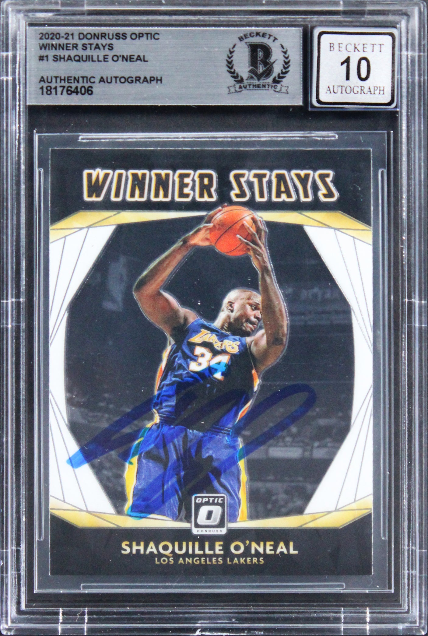 Shaquille O'Neal Signed 2020 Donruss Optic Winner Stays #1 Card Auto 10 BAS Slab