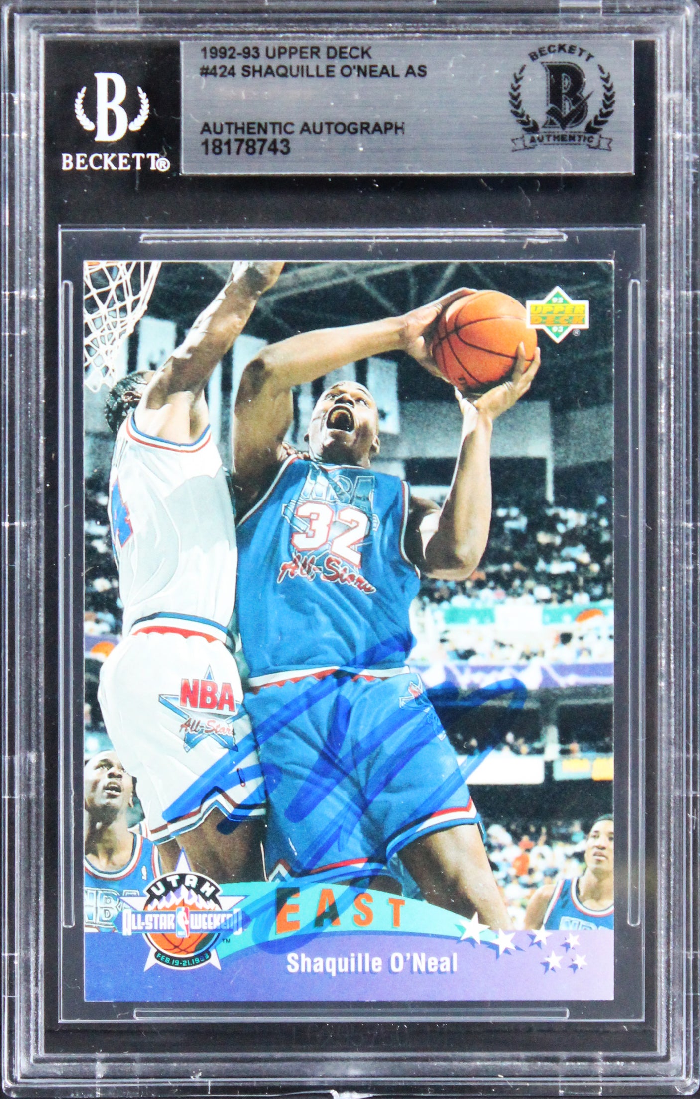 Magic Shaquille O'Neal Signed 1992 Upper Deck #424 Rookie Card BAS Slabbed