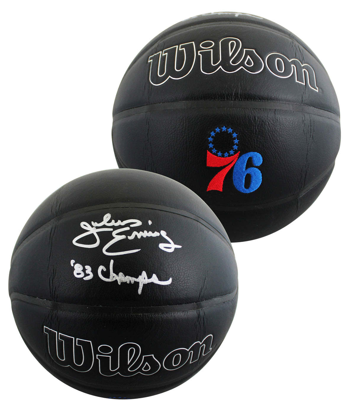76ers Julius "Dr. J" Erving "83 Champs" Signed Black Logo Basketball JSA Witness