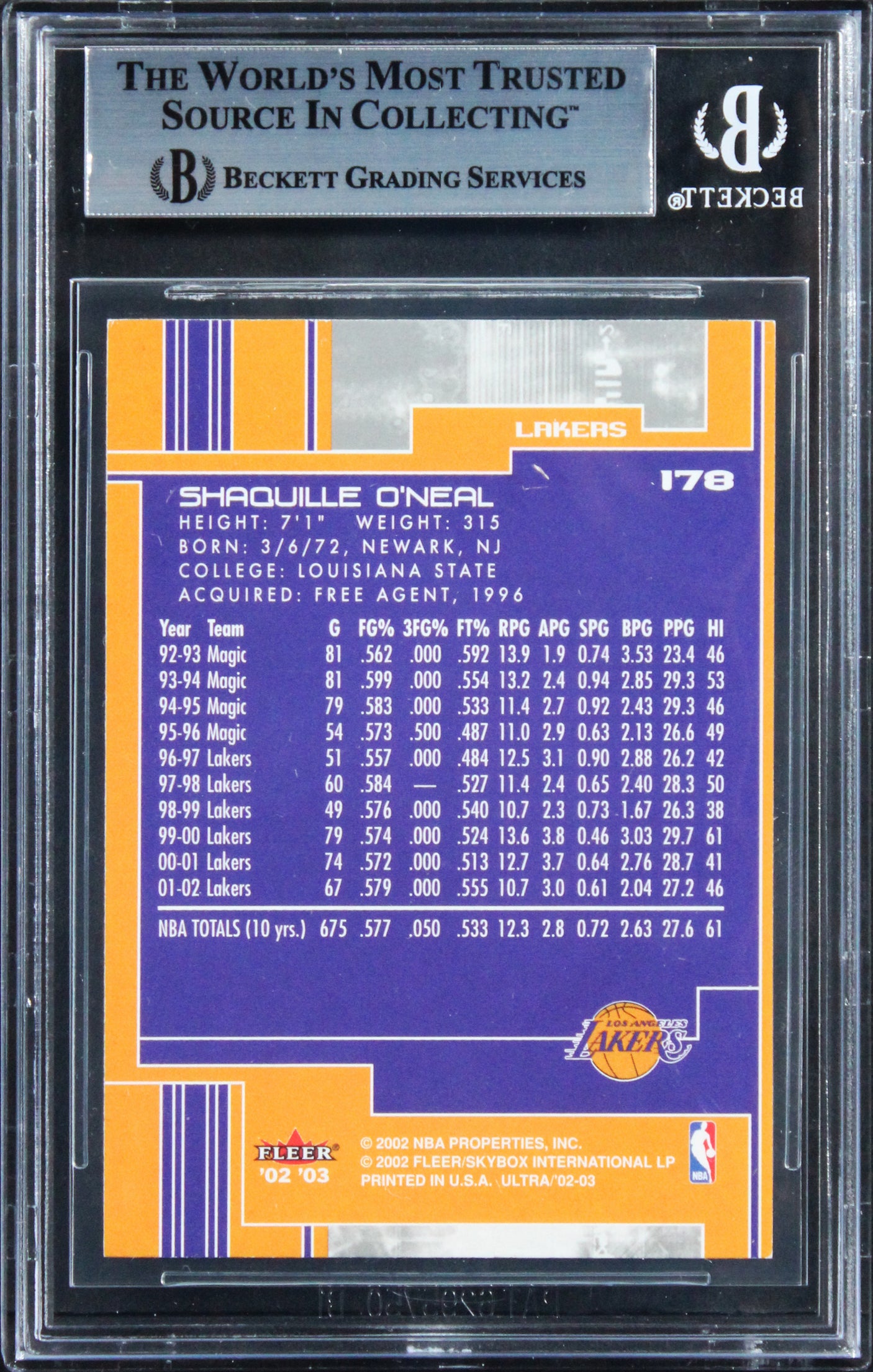 Lakers Shaquille O'Neal Authentic Signed 2002 Ultra #178 Card BAS Slabbed