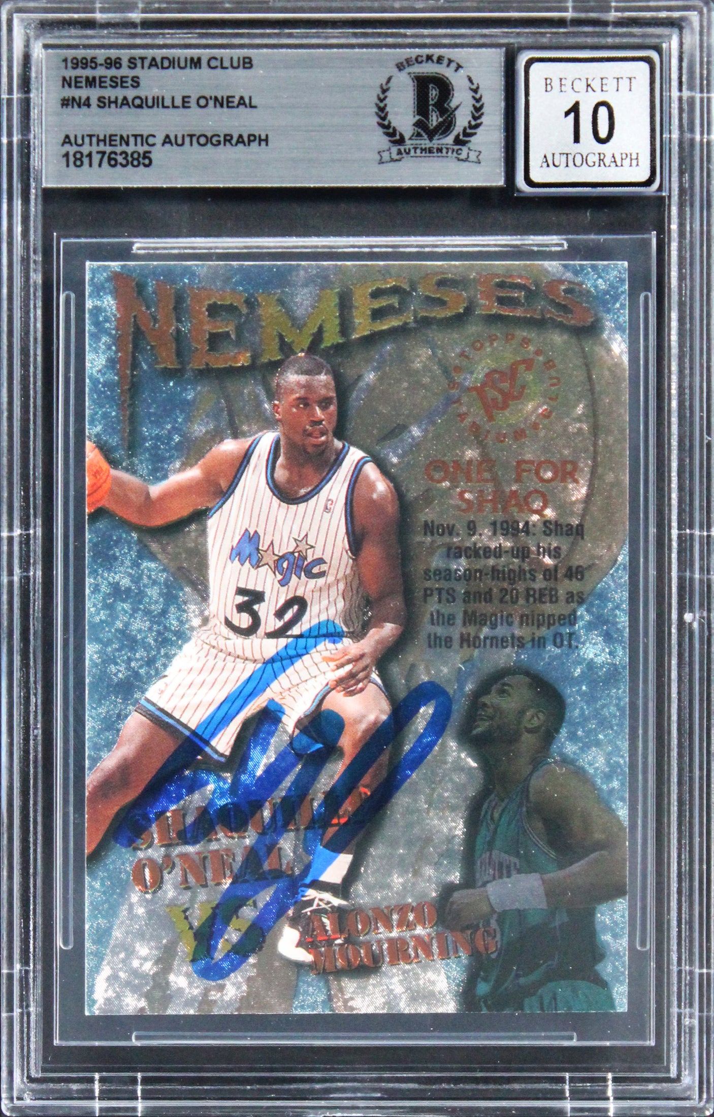 Shaquille O'Neal Signed 1995 Stadium Club Nemeses #N4 Card Auto 10! BAS Slabbed