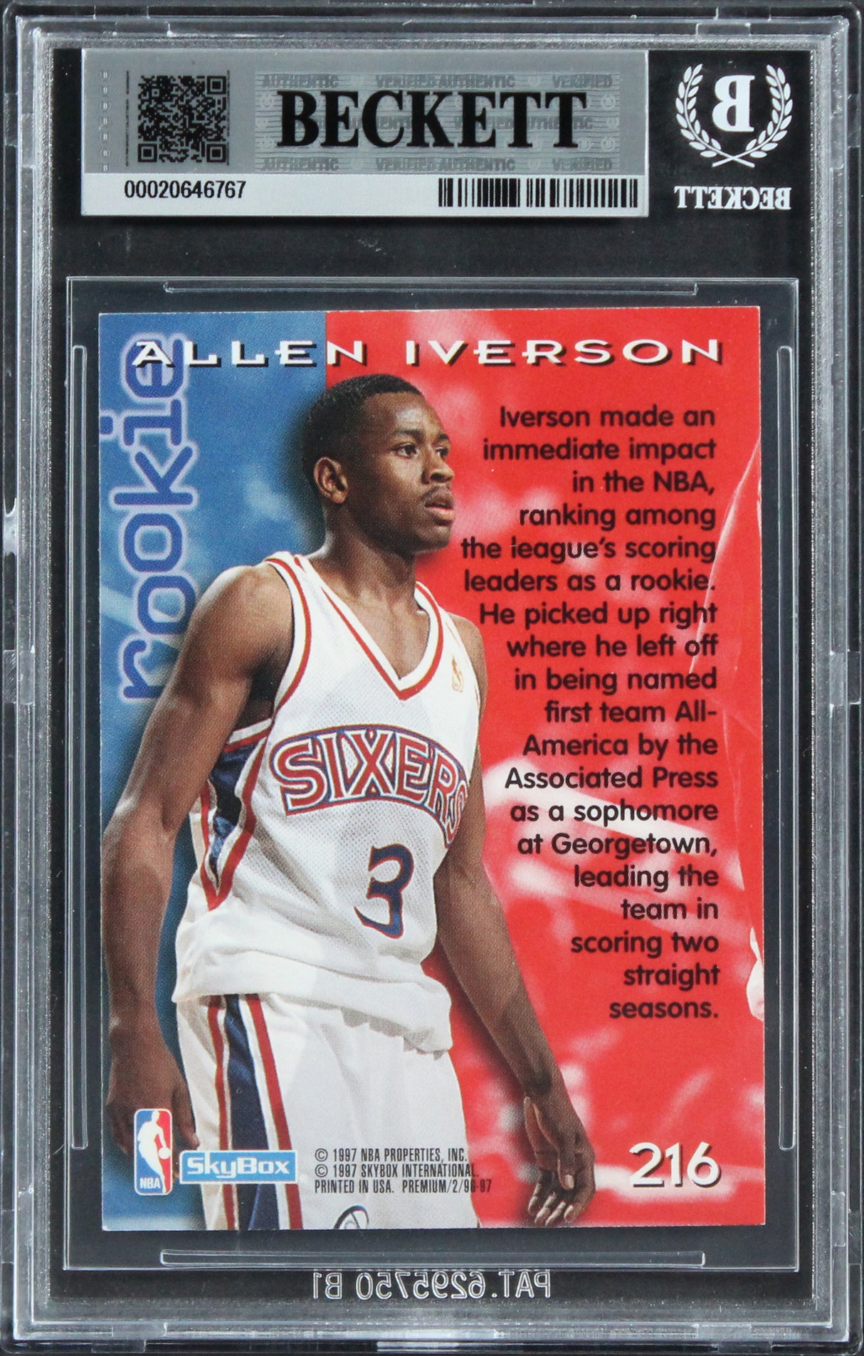 76ers Allen Iverson Signed 1996 Skybox Premium #216 Rookie Card BAS Slabbed