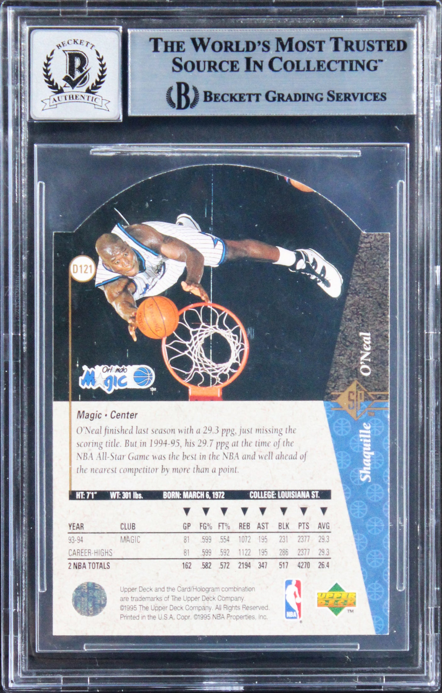 Magic Shaquille O'Neal Signed 1994 SP Die Cuts #D121 Card Auto 10! BAS Slabbed