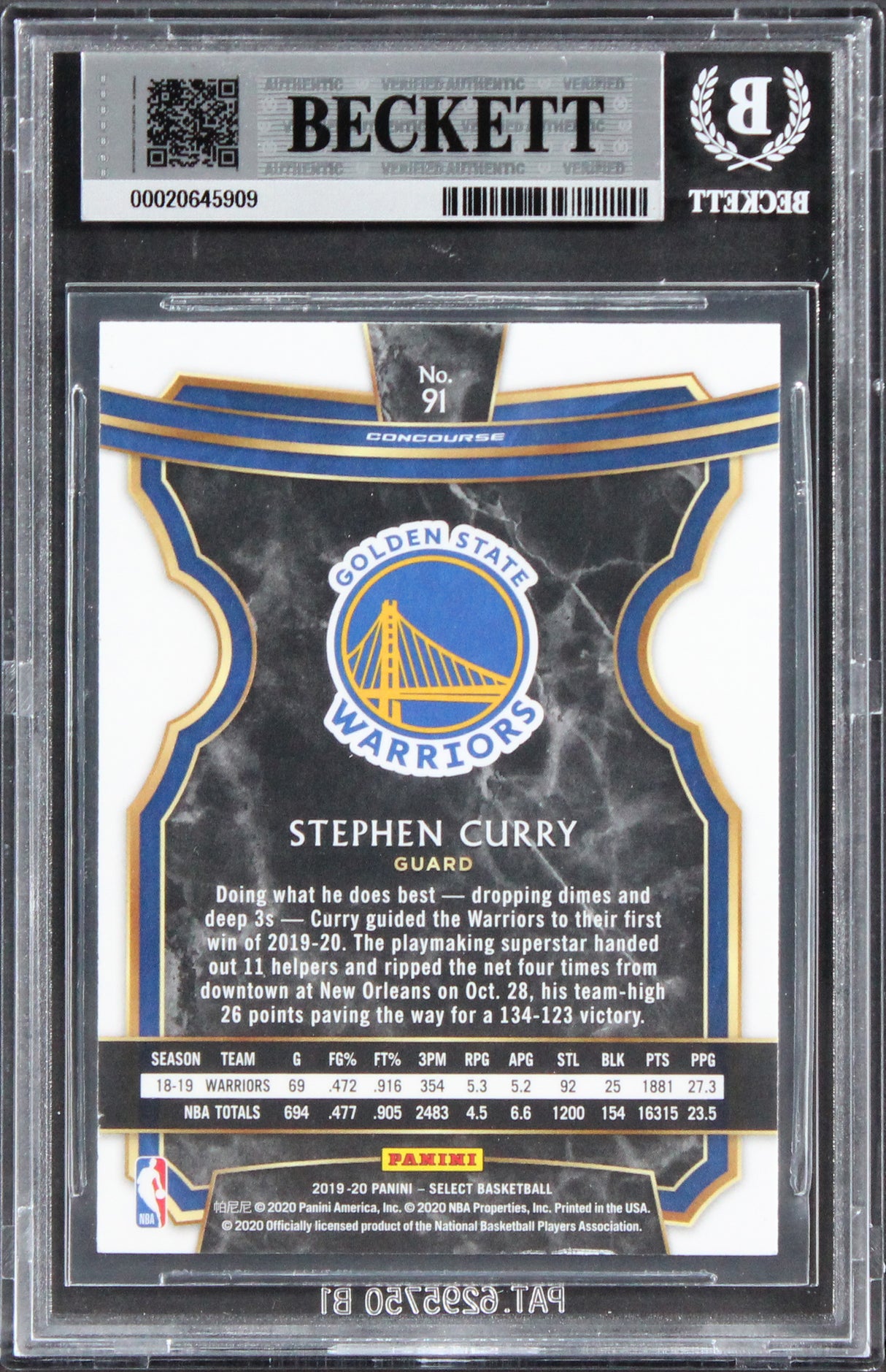 Warriors Stephen Curry Signed 2019 Select #91 Card Auto Grade 10! BAS Slabbed