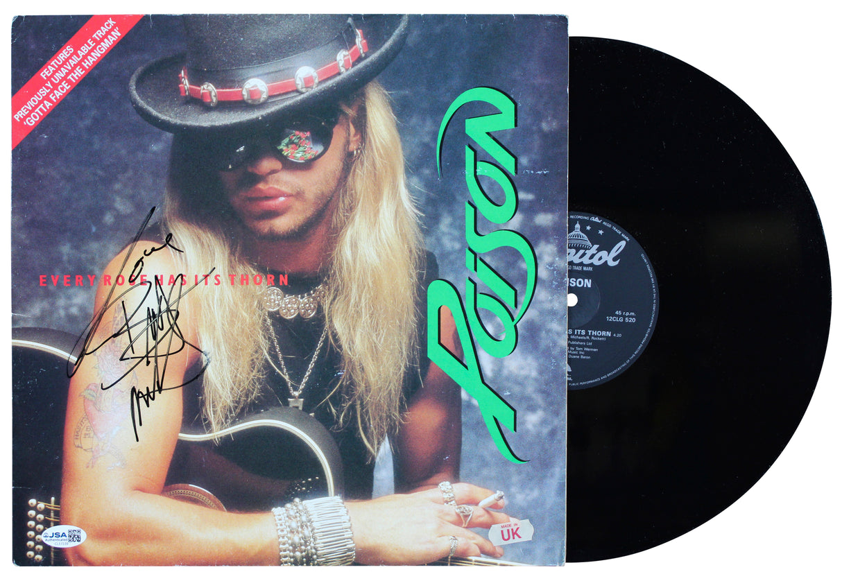 Poison (4) Michaels, DeVille, Dall & Rocket Signed Album w/ Vinyl JSA #CL51539